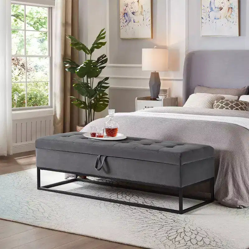 TUYOHW Metal Base with Storage Velvet Bench, Bed Bench for Living Room, Gray