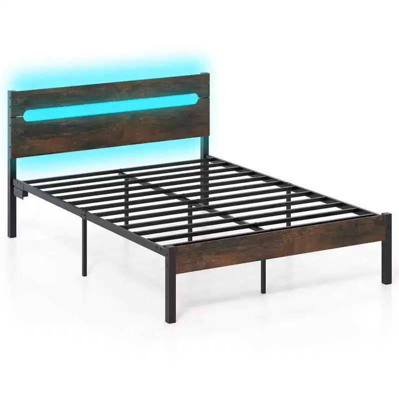 Struttura Letto Matrimoniale con Stazione di Ricarica Integrata Base Robusta per Materasso Marrone Rustico + Nero/Noce + Nero