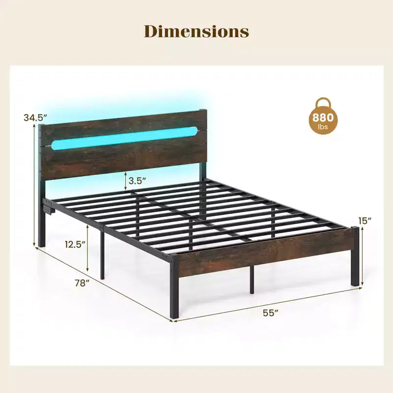 Struttura Letto Matrimoniale con Stazione di Ricarica Integrata Base Robusta per Materasso Marrone Rustico + Nero/Noce + Nero
