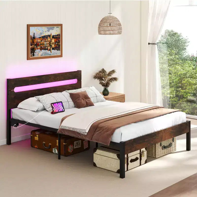Struttura Letto Matrimoniale con Stazione di Ricarica Integrata Base Robusta per Materasso Marrone Rustico + Nero/Noce + Nero