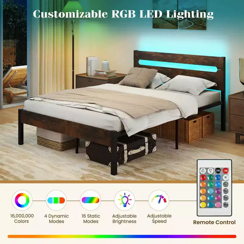 Struttura Letto Matrimoniale con Stazione di Ricarica Integrata Base Robusta per Materasso Marrone Rustico + Nero/Noce + Nero