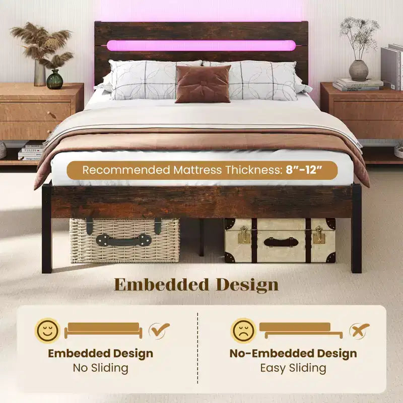 Struttura Letto Matrimoniale con Stazione di Ricarica Integrata Base Robusta per Materasso Marrone Rustico + Nero/Noce + Nero