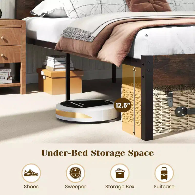 Struttura Letto Matrimoniale con Stazione di Ricarica Integrata Base Robusta per Materasso Marrone Rustico + Nero/Noce + Nero
