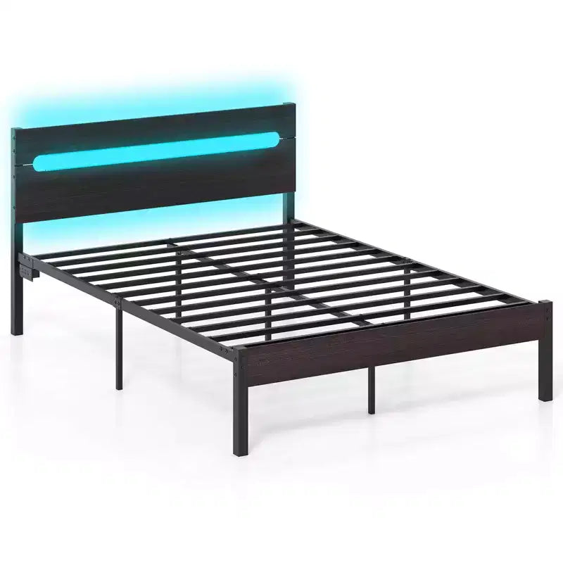 Struttura Letto Matrimoniale con Stazione di Ricarica Integrata Base Robusta per Materasso Marrone Rustico + Nero/Noce + Nero