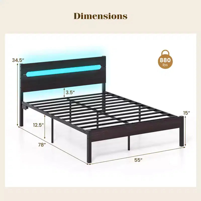 Struttura Letto Matrimoniale con Stazione di Ricarica Integrata Base Robusta per Materasso Marrone Rustico + Nero/Noce + Nero