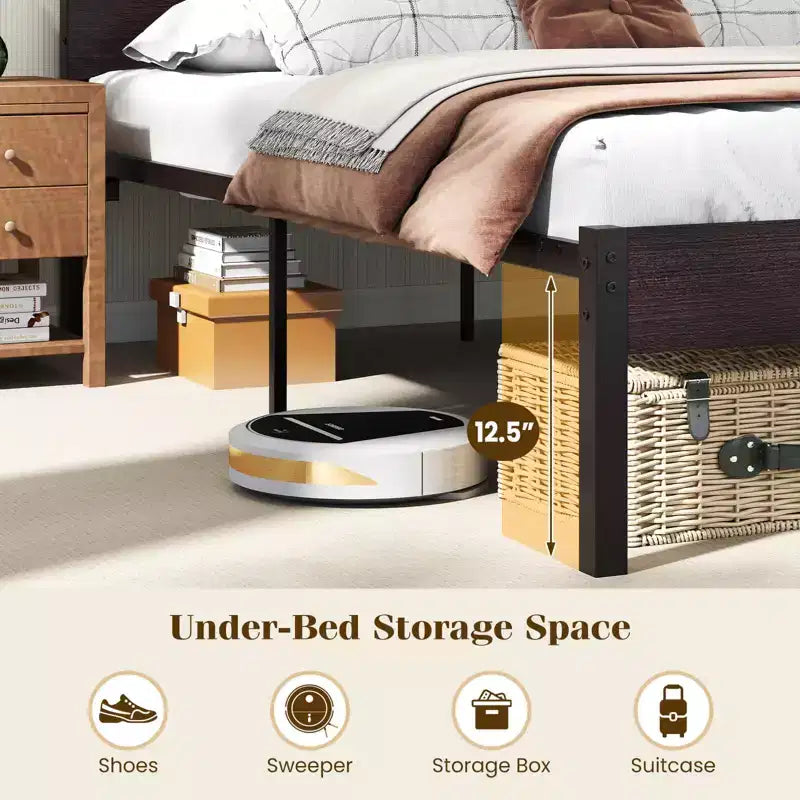 Struttura Letto Matrimoniale con Stazione di Ricarica Integrata Base Robusta per Materasso Marrone Rustico + Nero/Noce + Nero