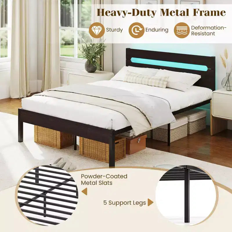 Struttura Letto Matrimoniale con Stazione di Ricarica Integrata Base Robusta per Materasso Marrone Rustico + Nero/Noce + Nero