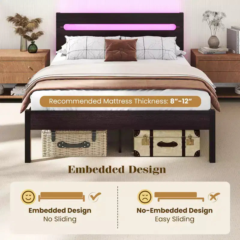 Struttura Letto Matrimoniale con Stazione di Ricarica Integrata Base Robusta per Materasso Marrone Rustico + Nero/Noce + Nero