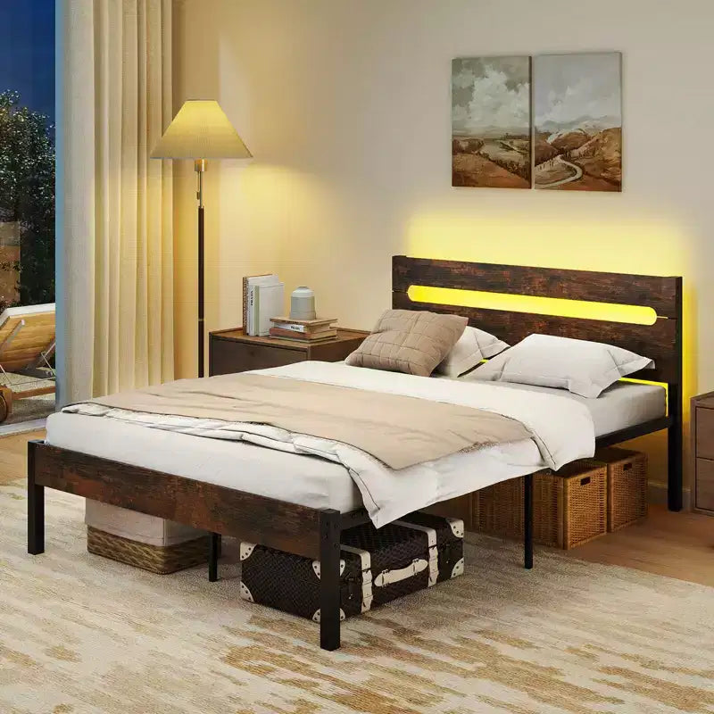 Struttura Letto Matrimoniale con Stazione di Ricarica Integrata Base Robusta per Materasso Marrone Rustico + Nero/Noce + Nero