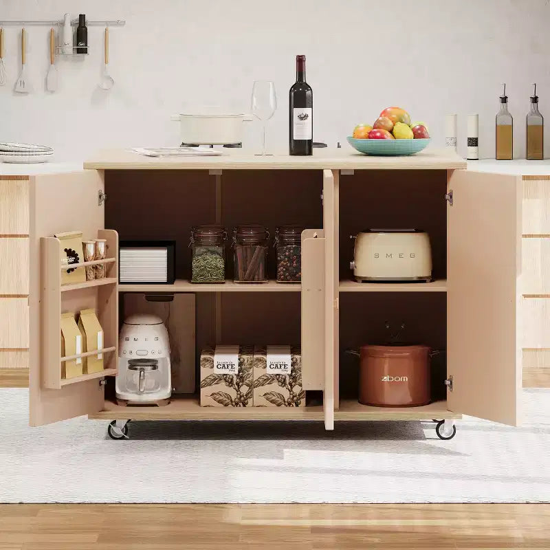 Isola da cucina su ruote in frassino impiallacciato con top intrecciato e anta a ribalta Isola da cucina in stile costiero con ripiano interno