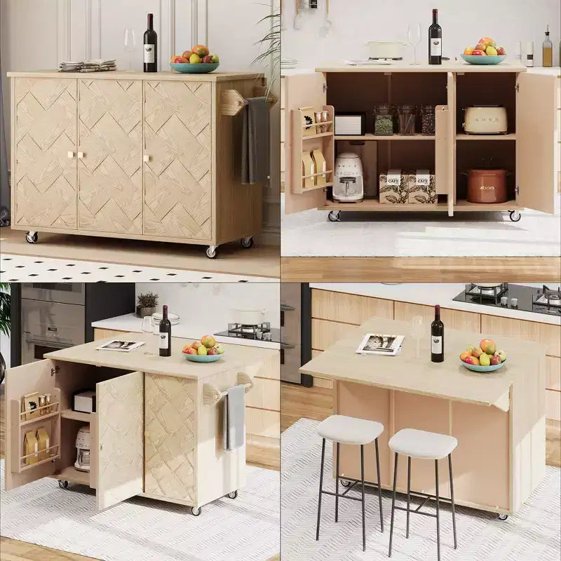 Isola da cucina su ruote in frassino impiallacciato con top intrecciato e anta a ribalta Isola da cucina in stile costiero con ripiano interno