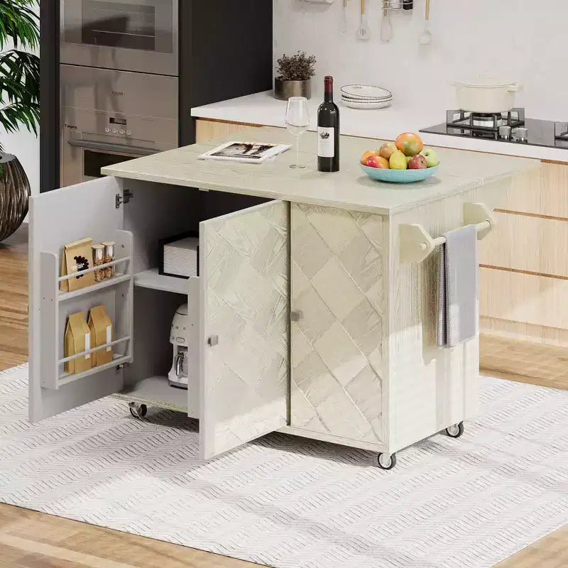 Isola da cucina su ruote in frassino impiallacciato con top intrecciato e anta a ribalta Isola da cucina in stile costiero con ripiano interno