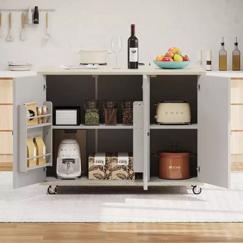 Isola da cucina su ruote in frassino impiallacciato con top intrecciato e anta a ribalta Isola da cucina in stile costiero con ripiano interno