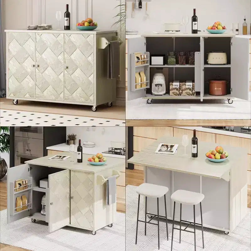 Isola da cucina su ruote in frassino impiallacciato con top intrecciato e anta a ribalta Isola da cucina in stile costiero con ripiano interno