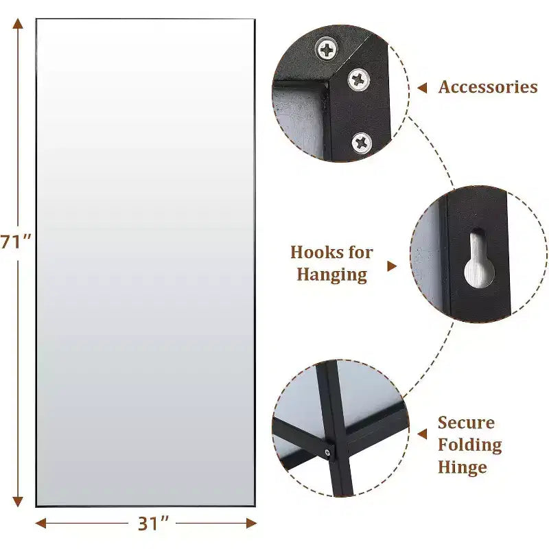 Specchio a figura intera 71x31 Specchio rettangolare extra large da terra o da parete Cornice sottile in alluminio Vetro HD antideflagrante Nero