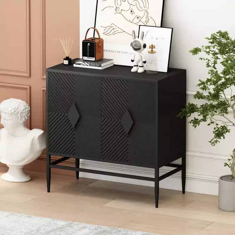 Mobile contenitore moderno in legno con gambe in metallo, a due ripiani