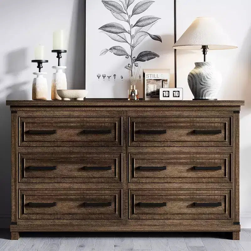 Acekool Farmhouse 6 Drawer Dresser, 55 Rustic Wood Chest, Vintage Storage Organizer & TV Stand for Bedroom