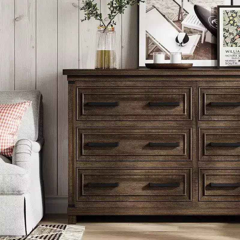 Comò a 6 cassetti in stile rustico in legno da 55", organizer portaoggetti vintage e porta TV per camera da letto