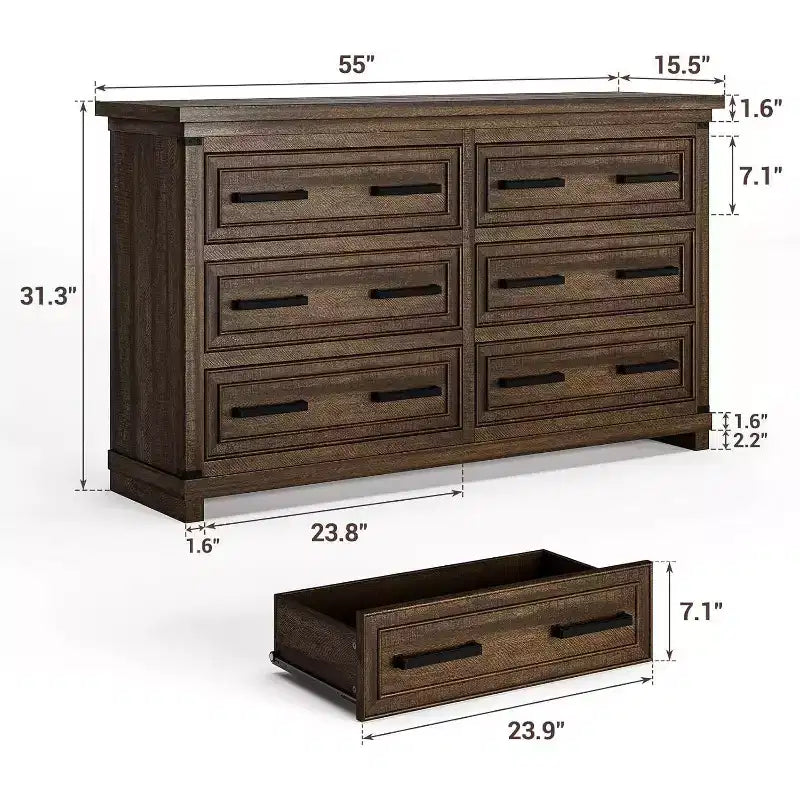 Comò a 6 cassetti in stile rustico in legno da 55", organizer portaoggetti vintage e porta TV per camera da letto