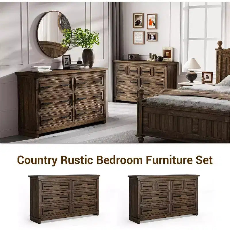 Comò a 6 cassetti in stile rustico in legno da 55", organizer portaoggetti vintage e porta TV per camera da letto