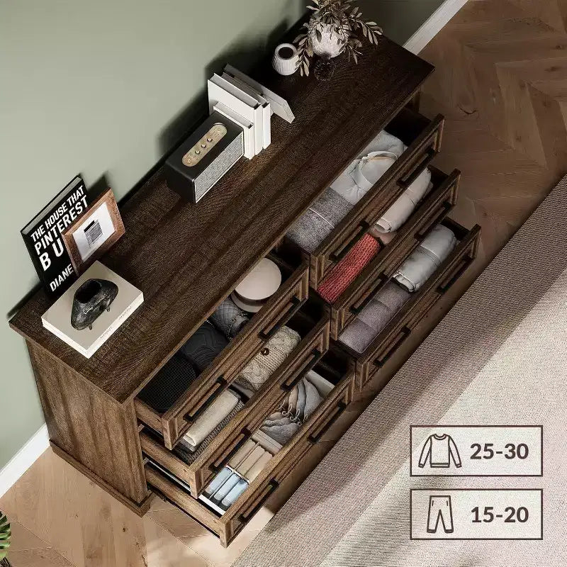 Comò a 6 cassetti in stile rustico in legno da 55", organizer portaoggetti vintage e porta TV per camera da letto