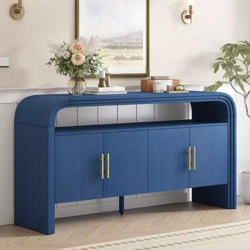 Madia moderna da 60 pollici, buffet in legno massello con 4 ante e ripiano aperto per sala da pranzo, soggiorno, ingresso