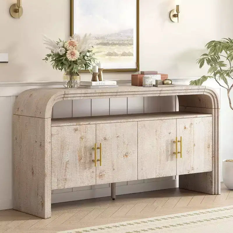 Madia moderna da 60 pollici, buffet in legno massello con 4 ante e ripiano aperto per sala da pranzo, soggiorno, ingresso