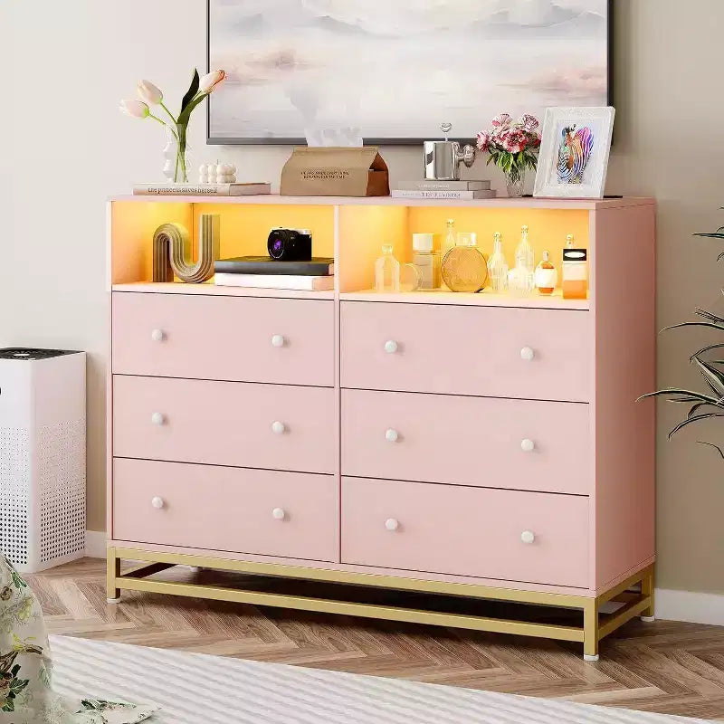 Comò a 6 cassetti con stazione di ricarica, organizer ampio e porta TV, cassettiera per camera da letto e soggiorno