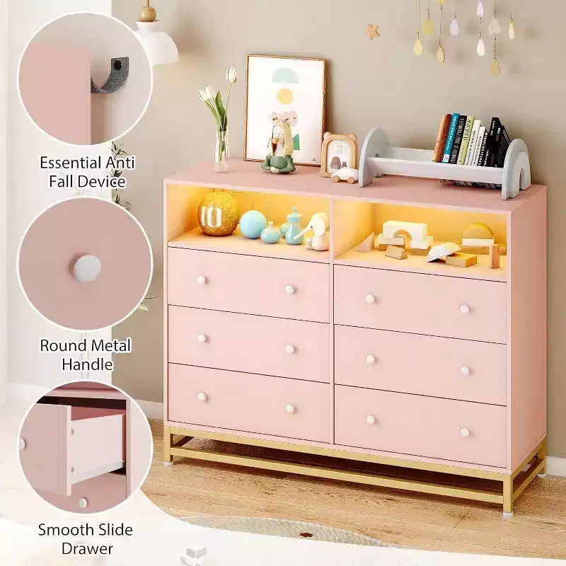 Comò a 6 cassetti con stazione di ricarica, organizer ampio e porta TV, cassettiera per camera da letto e soggiorno