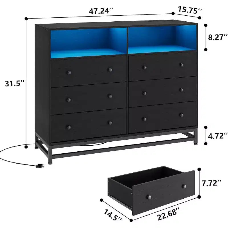 Comò a 6 cassetti con stazione di ricarica, organizer ampio e porta TV, cassettiera per camera da letto e soggiorno