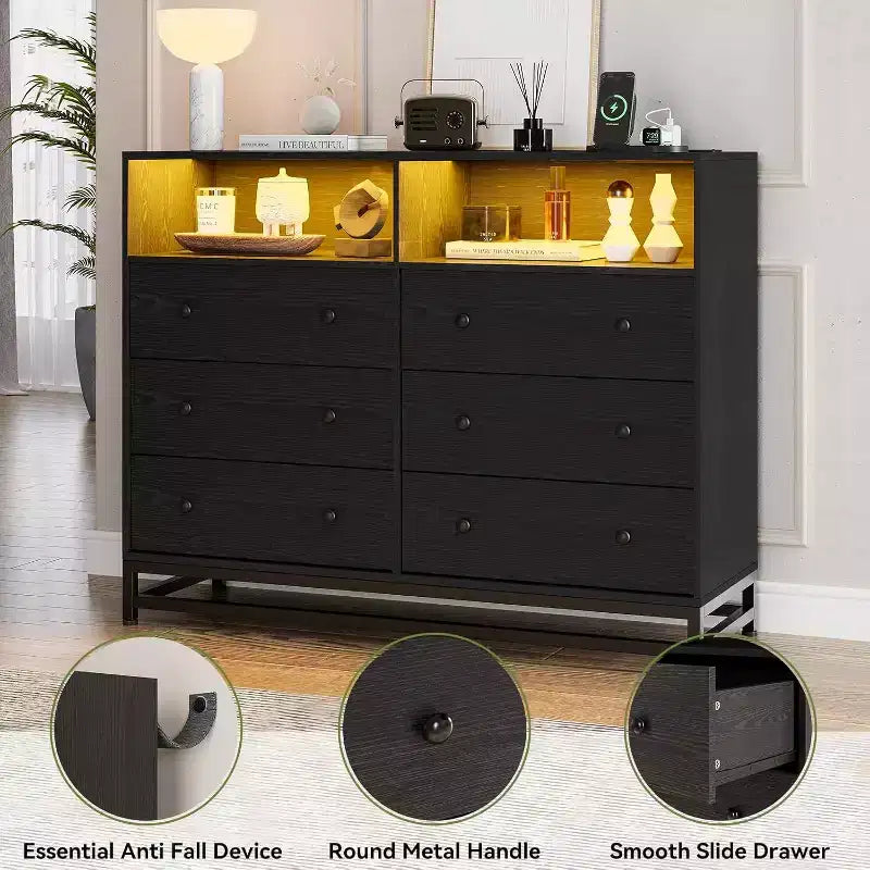 Comò a 6 cassetti con stazione di ricarica, organizer ampio e porta TV, cassettiera per camera da letto e soggiorno