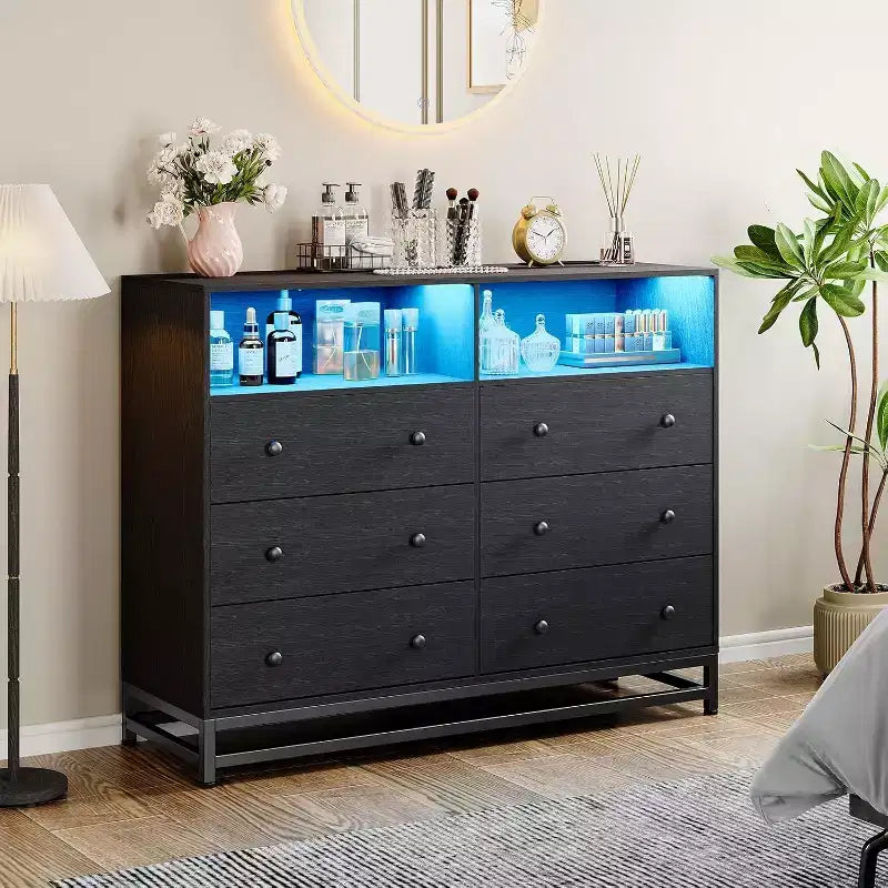Acekool 6 Drawer Dresser with Charging Station, Wide Storage Organizer and TV Stand, Chest of Drawers for Bedroom Living Room