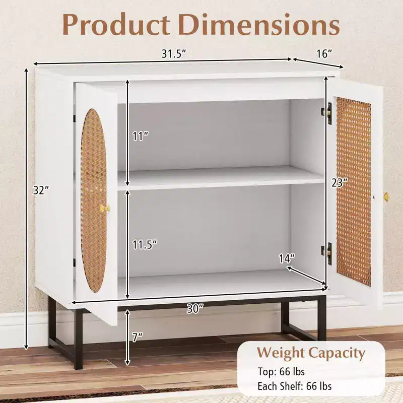 Mobile buffet con 2 ante, ripiano regolabile, gambe in metallo, credenza a pavimento accentata, naturale/bianco