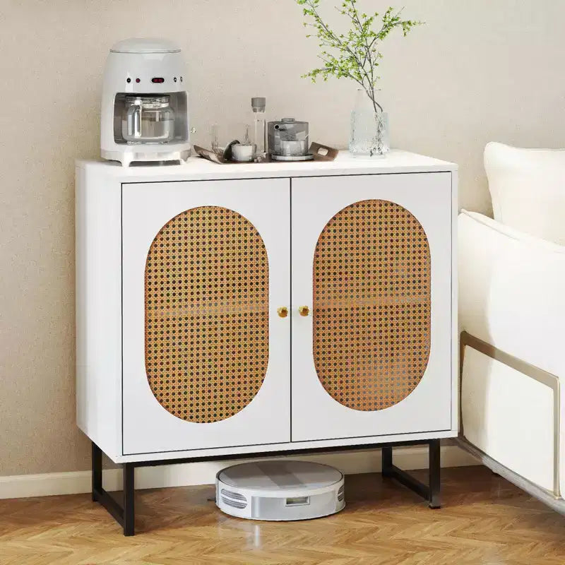 Mobile buffet con 2 ante, ripiano regolabile, gambe in metallo, credenza a pavimento accentata, naturale/bianco