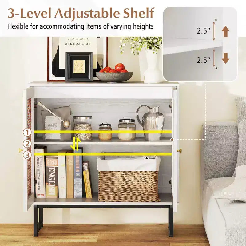 Mobile buffet con 2 ante, ripiano regolabile, gambe in metallo, credenza a pavimento accentata, naturale/bianco