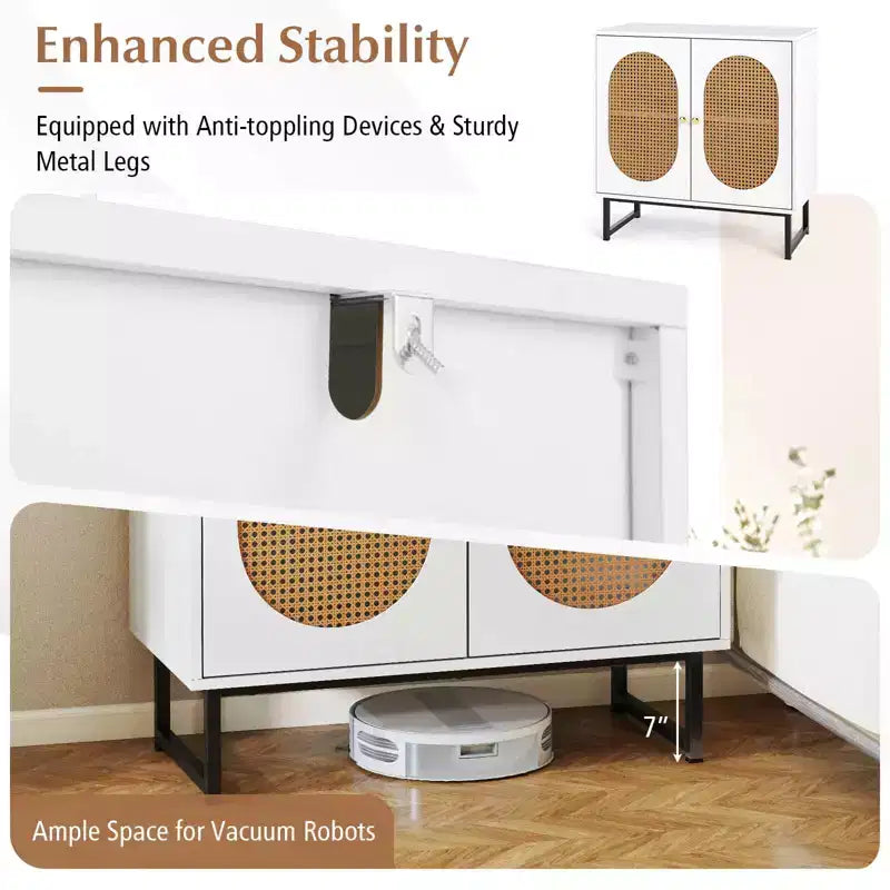 Mobile buffet con 2 ante, ripiano regolabile, gambe in metallo, credenza a pavimento accentata, naturale/bianco