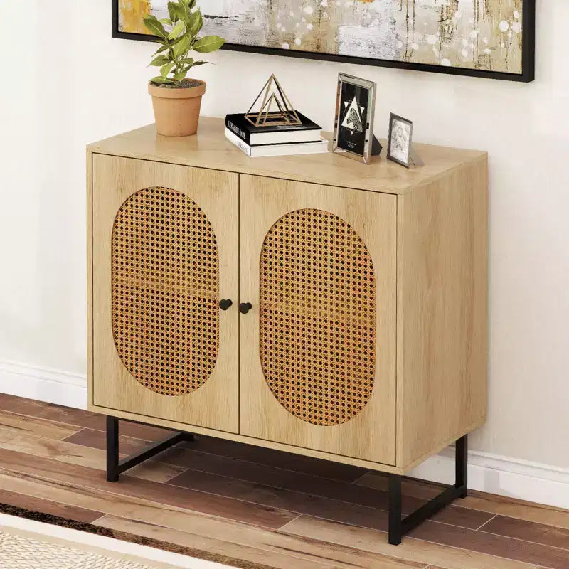 Mobile buffet con 2 ante, ripiano regolabile, gambe in metallo, credenza a pavimento accentata, naturale/bianco