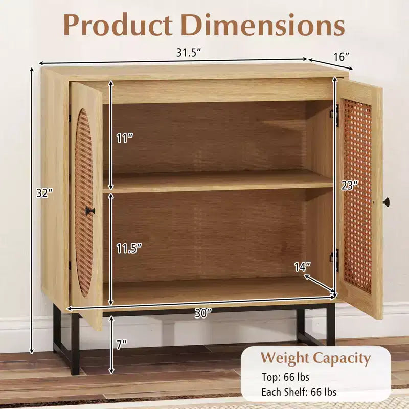 Mobile buffet con 2 ante, ripiano regolabile, gambe in metallo, credenza a pavimento accentata, naturale/bianco