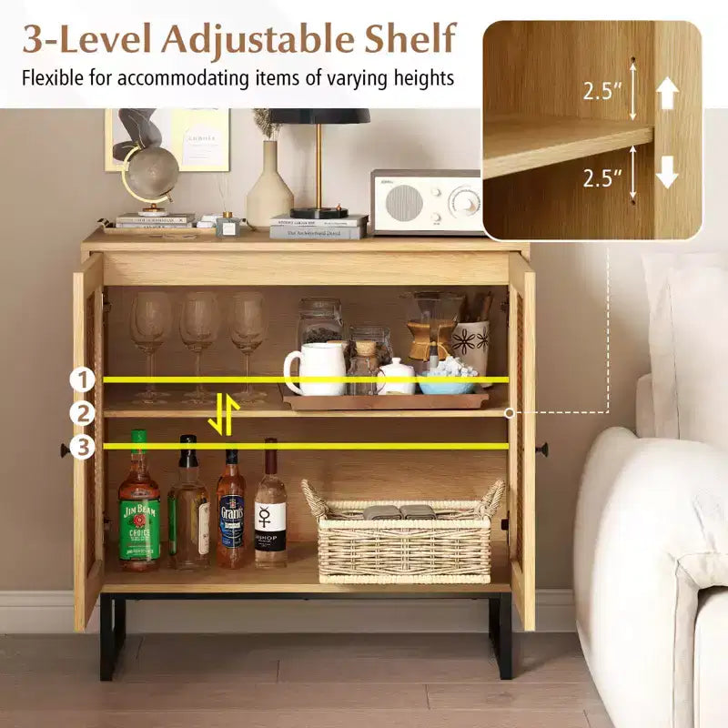 Mobile buffet con 2 ante, ripiano regolabile, gambe in metallo, credenza a pavimento accentata, naturale/bianco