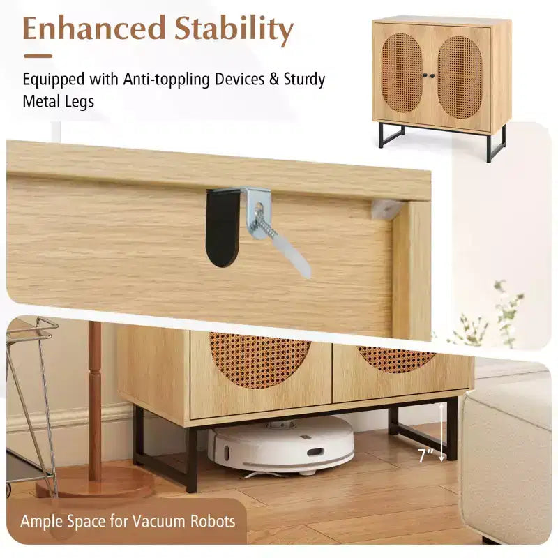 Mobile buffet con 2 ante, ripiano regolabile, gambe in metallo, credenza a pavimento accentata, naturale/bianco