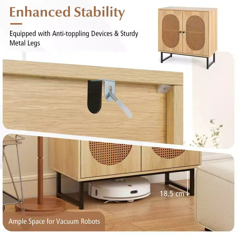 Mobile buffet con 2 ante, ripiano regolabile, gambe in metallo, credenza a pavimento accentata, naturale/bianco