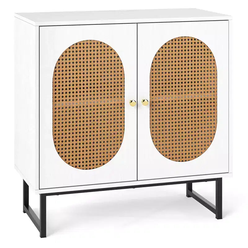 Mobile buffet con 2 ante, ripiano regolabile, gambe in metallo, credenza a pavimento accentata, naturale/bianco