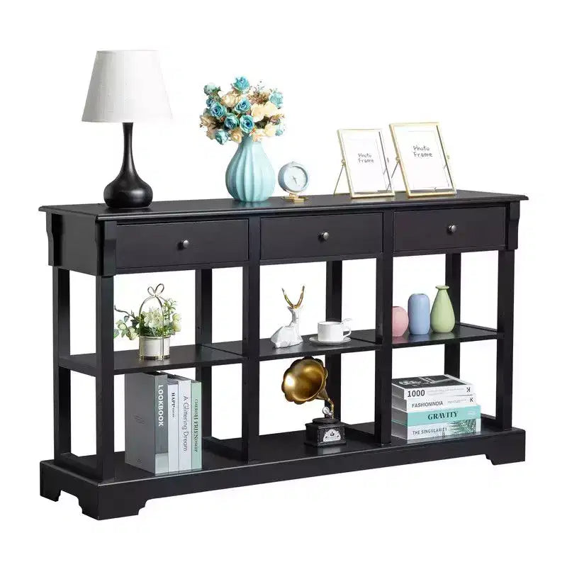 Black Paint 3 Layers 3 Drawers 6 Compartments Side with Curved Base Density Board 147.3*36*82cm Entrance Table