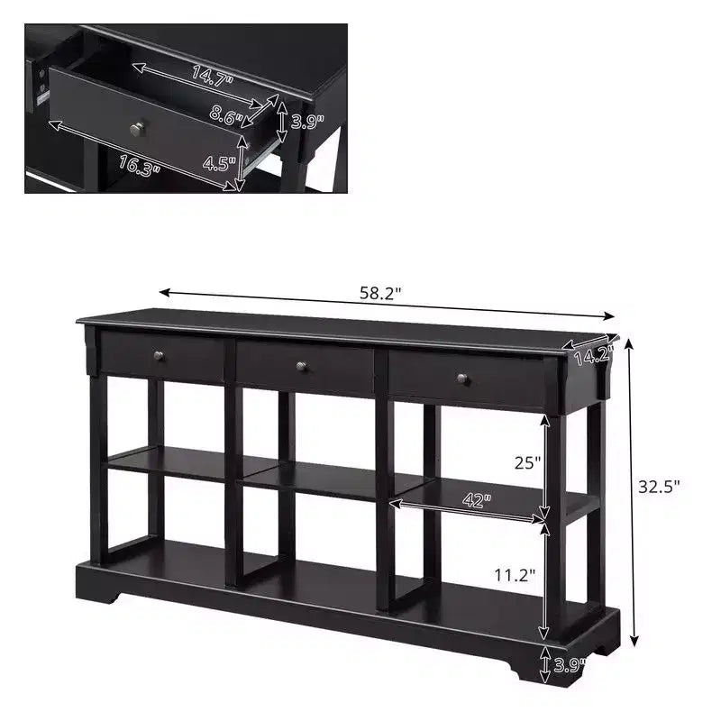 Tavolo da Ingresso Vernice Nera 3 Strati 3 Cassetti 6 Scomparti Laterali con Base Curva Pannello di Densità 147.3*36*82cm