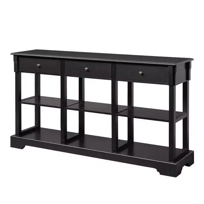 Tavolo da Ingresso Vernice Nera 3 Strati 3 Cassetti 6 Scomparti Laterali con Base Curva Pannello di Densità 147.3*36*82cm
