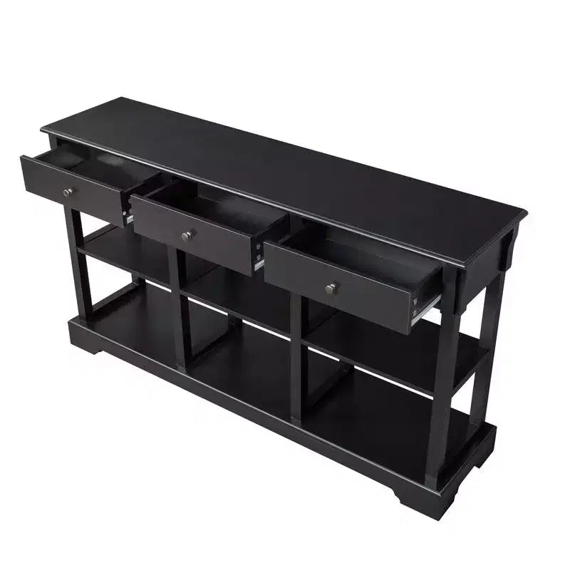 Tavolo da Ingresso Vernice Nera 3 Strati 3 Cassetti 6 Scomparti Laterali con Base Curva Pannello di Densità 147.3*36*82cm