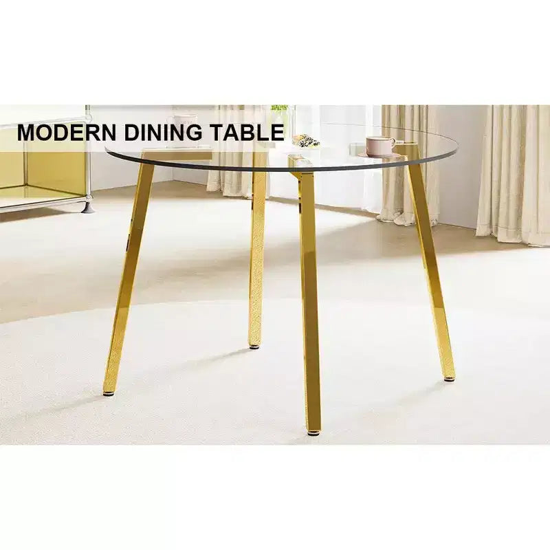 Tavolo da pranzo rotondo moderno di lusso con piano in vetro e gambe in metallo per sala da pranzo