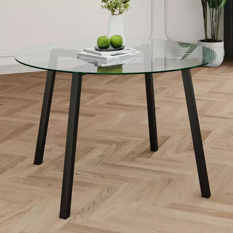 Tavolo da pranzo rotondo moderno di lusso con piano in vetro e gambe in metallo per sala da pranzo