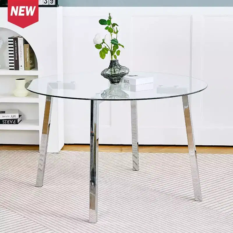 Tavolo da pranzo rotondo moderno di lusso con piano in vetro e gambe in metallo per sala da pranzo