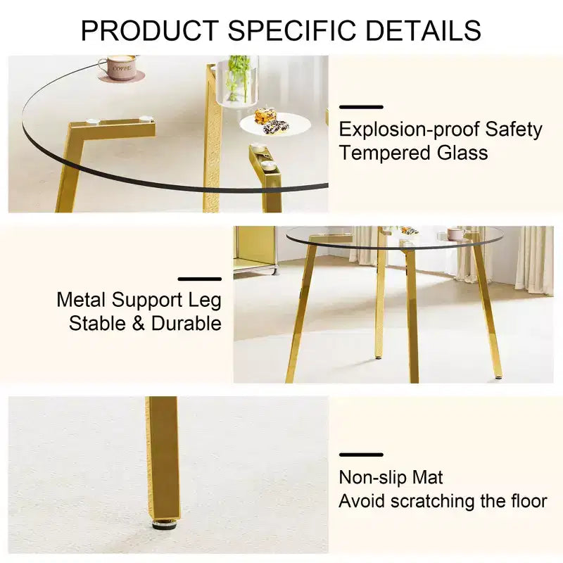 Tavolo da pranzo rotondo moderno di lusso con piano in vetro e gambe in metallo per sala da pranzo